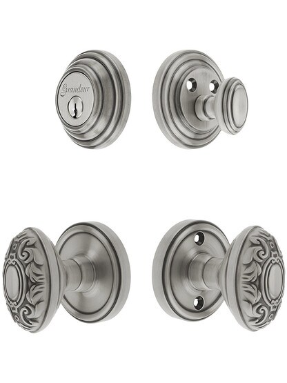Grandeur Georgetown Entry Door Set, Keyed Alike with Grande Victorian Knobs in Antique Pewter.